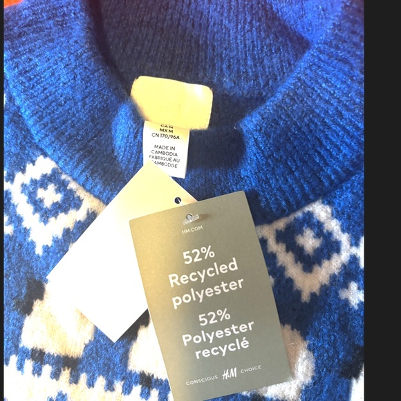 H&M blue and white cute sheep touch of wool jacquard knit sweater NWT - Picture 6 of 9